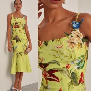 Fehaute Yellow Floral Applique Spaghetti Mermaid Midi Dress